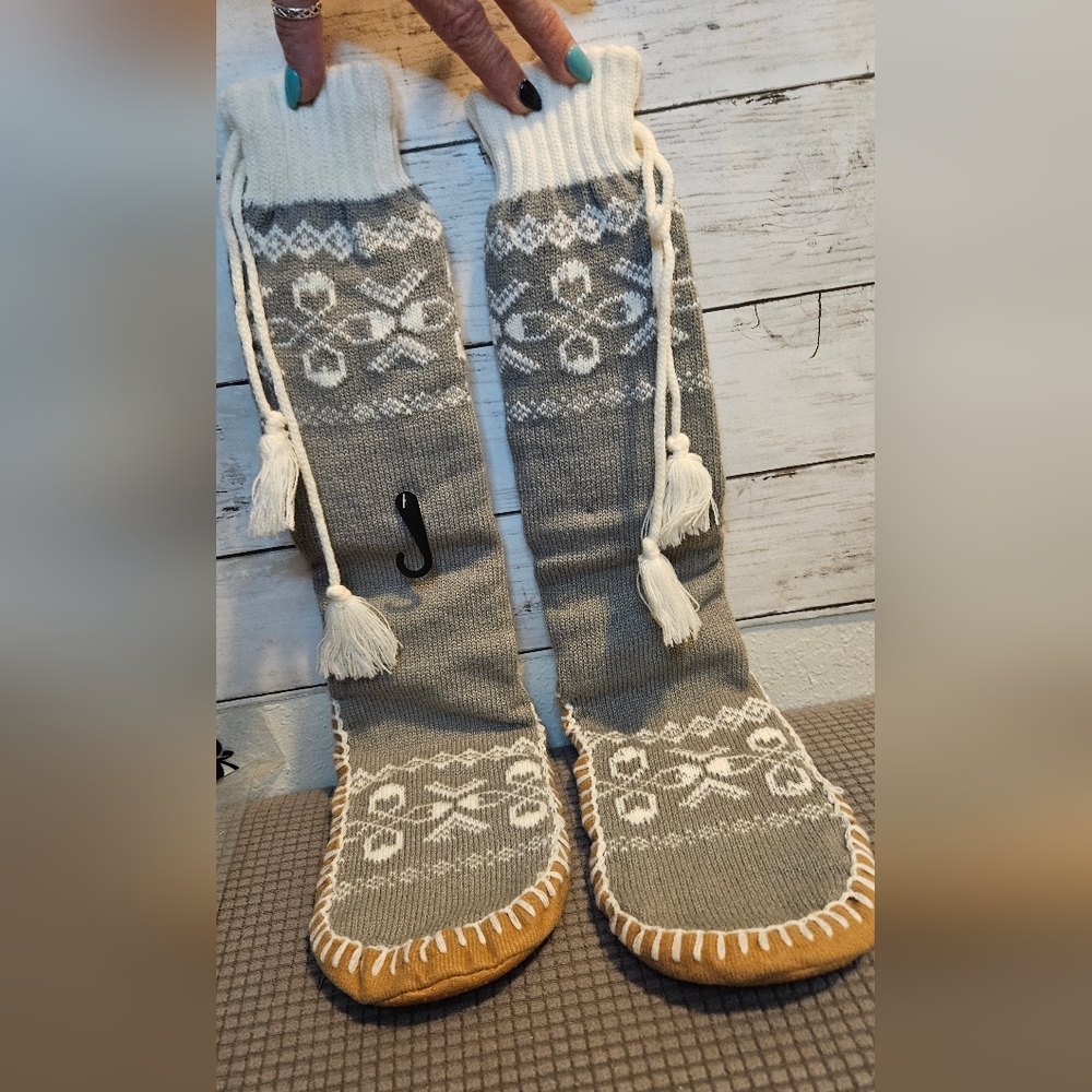 Gray and White Knit Socks with Tassels